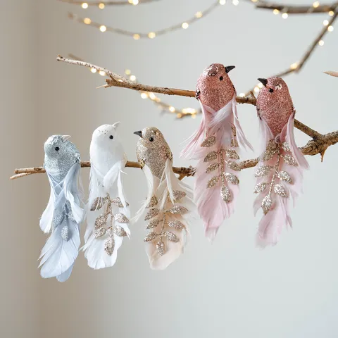 Uccellini Artificiali di Natale in Schiuma e Piume con Brillantini Uccelli Realistici Decorazioni per Albero di Natale Feste