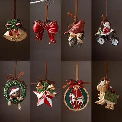 Vintage Resin Christmas Hanging Ornaments 3D Relief Painted Santa Claus Bear Bell Bowknot Festive Xmas Tree Decoration