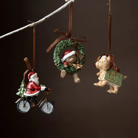 Vintage Resin Christmas Hanging Ornaments 3D Relief Painted Santa Claus Bear Bell Bowknot Festive Xmas Tree Decoration