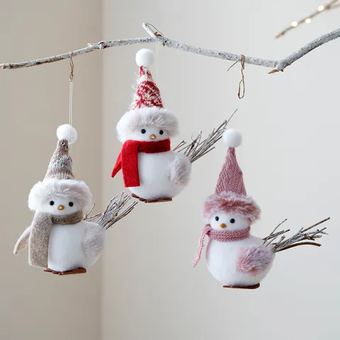 Christmas Bird Ornaments Simulation Foam Birds With Knit Hat Scarf Christmas Tree Decor Holiday Home Festive Hanging
