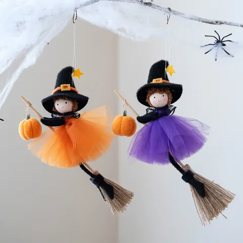 Halloween Hanging Witch Ornaments Cute Mesh Skirt Witch Doll With Broom Pumpkin Top Hat For Door Handle Party Decor