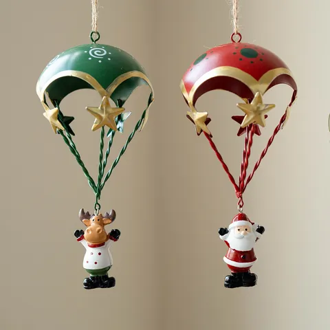 Nordic Iron Art Christmas Parachute Hanging Ornament Santa Claus Snowman Reindeer Xmas Tree Decoration For Holiday Home Decor