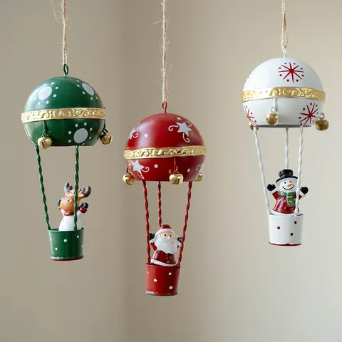Christmas Iron Art Hot Air Balloon Hanging Ornament Resin Santa Claus Snowman Reindeer Pendant Holiday Tree Decoration