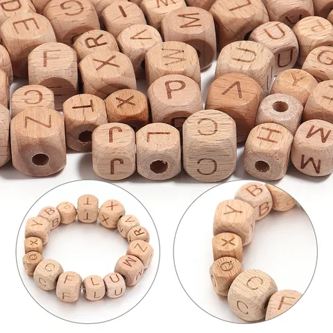 Perles en Bois de Hêtre Naturel 26 Lettres de l'Alphabet Anglais Carrées Plates Rondes Perles en Vrac DIY Bijoux Enfants Accessoire Éducatif