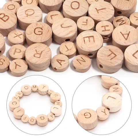 Natural Beech Wood Alphabet Beads Square Round Flat Wood Beads For DIY Jewelry Making Necklace Bracelet Accessory Educational Loose Beads