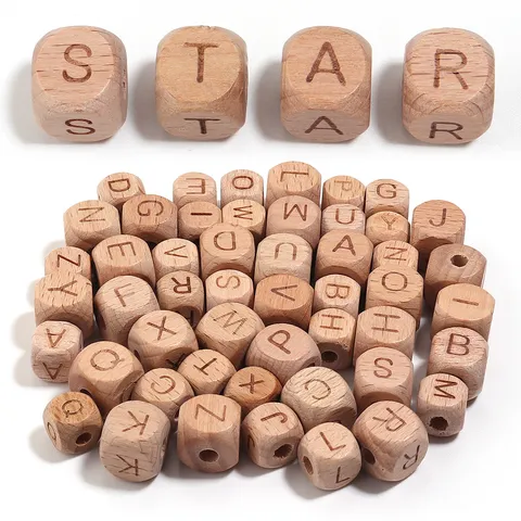 Perles en Bois de Hêtre Naturel 26 Lettres de l'Alphabet Anglais Carrées Plates Rondes Perles en Vrac DIY Bijoux Enfants Accessoire Éducatif
