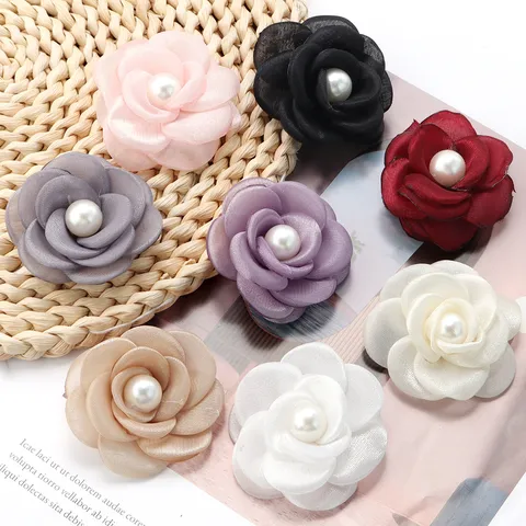 Handmade Mesh Artificial Pearl Camellia Flower Garment Accessories Burned Edge Simulation Flower For DIY Apparel Shoes Brooch Decor
