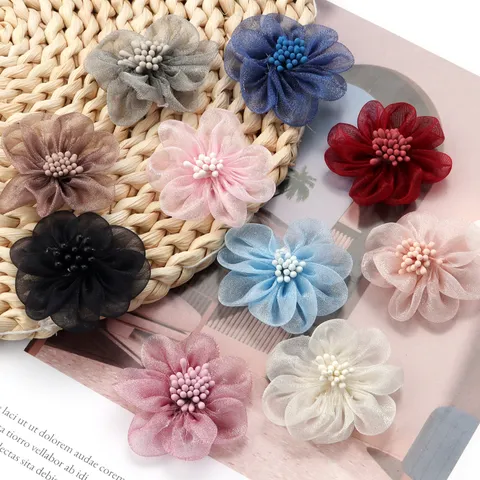 Organza Flower With Stamen DIY Hair Accessory Shoe Flower Corsage Hair Clip Clothing Decoration Fabric Snow Yarn Flower