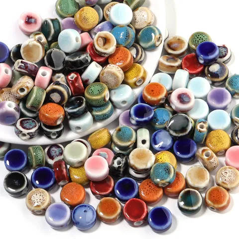 Kiln Glazed Ceramic Beads Large Hole Flat Round Spacer Beads For DIY Jewelry Making Bracelet Necklace Bag Accessories