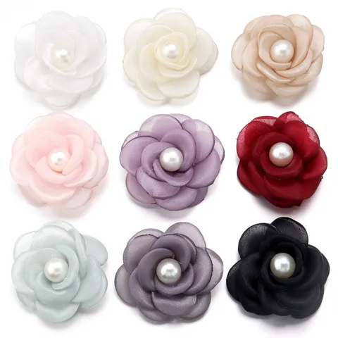 Handmade Mesh Artificial Pearl Camellia Flower Garment Accessories Burned Edge Simulation Flower For DIY Apparel Shoes Brooch Decor