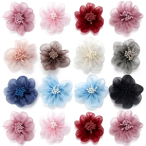 Organza Flower With Stamen DIY Hair Accessory Shoe Flower Corsage Hair Clip Clothing Decoration Fabric Snow Yarn Flower