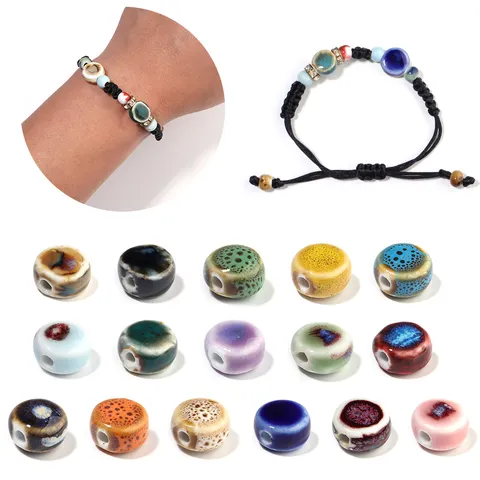 Kiln Glazed Ceramic Beads Large Hole Flat Round Spacer Beads For DIY Jewelry Making Bracelet Necklace Bag Accessories
