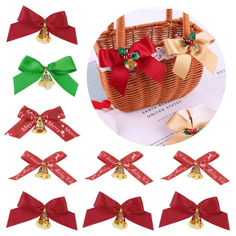 Christmas Ribbon Bows With Gold Bells Polyester DIY Craft Ornaments For Holiday Party Decoration Clothes Bag Accessories