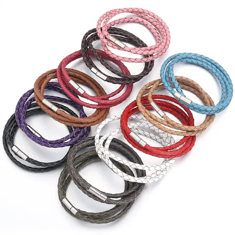 Handmade Braided Leather Cord Bracelet Necklace DIY Rope With Magnetic Clasp Triple Layer Leather Jewelry Cord Findings Accessory