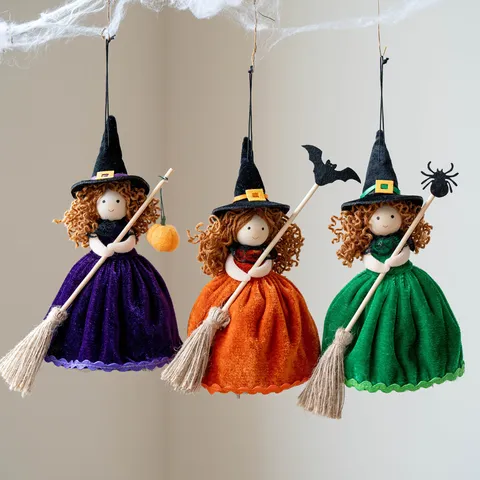 Halloween Decoration Velvet Witch Doll Hanging Ornament Cute Angel Broom Girl Figurine For Festive Party Home Decor Props