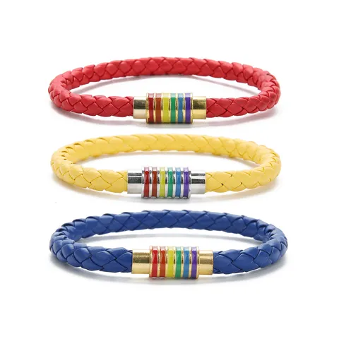 Bracciale Unisex in Corda di Pelle PU Intrecciata Con Chiusura Magnetica Arcobaleno Fatto a Mano Cinturino Colorato Con Fibbia in Rame