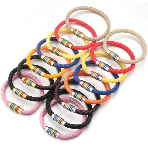 Bracciale in Corda di Pelle PU Intrecciata Stile Etnico Bohemien Con Chiusura Magnetica in Rame Arcobaleno Gioielli Moda Unisex