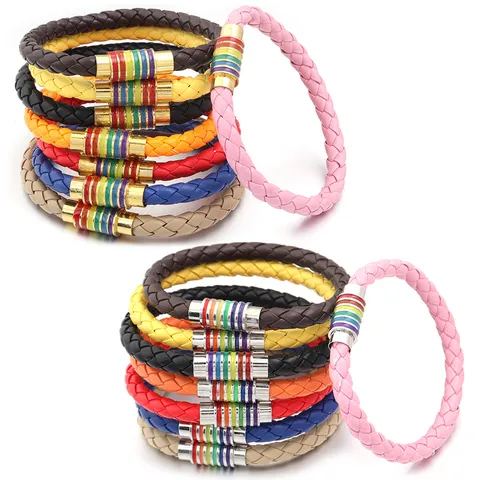 Bracciale in Corda di Pelle PU Intrecciata Stile Etnico Bohemien Con Chiusura Magnetica in Rame Arcobaleno Gioielli Moda Unisex
