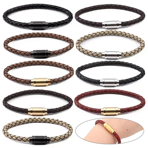 Bracciale in Corda di Vera Pelle Intrecciata Vintage per Unisex Bracciale Rigido a Righe Con Chiusura Magnetica in Acciaio Inossidabile Regalo Gioielli di Moda Classica