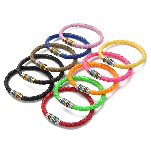 Bracciale Unisex in Corda di Pelle PU Intrecciata Con Chiusura Magnetica Arcobaleno Fatto a Mano Cinturino Colorato Con Fibbia in Rame