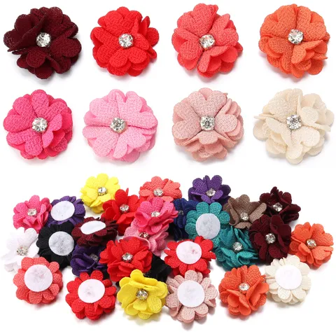 Handmade Linen Fabric Flower Patch Rhinestone Core Four Petal Ribbon Craft Accessories For Headwear Clothing Shoe Decoration