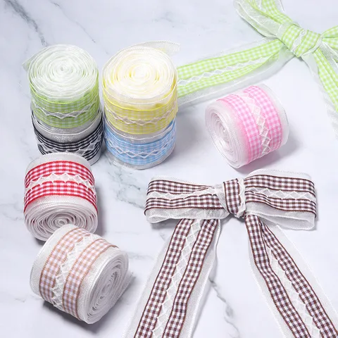 Checkered Lace Ribbon Polyester Gingham Fabric Tape For Gift Box Wrapping DIY Bow Hair Accessory Crafting Material Decor