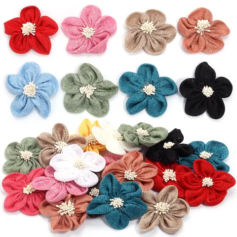 Handmade Linen Five-Petal Flower Hair Clip Component Craft Patch Accessories For Clothes Shoes Bags Hat DIY Applique