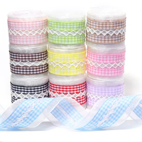 Checkered Lace Ribbon Polyester Gingham Fabric Tape For Gift Box Wrapping DIY Bow Hair Accessory Crafting Material Decor