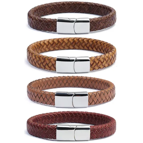 Handgemaakte Echt Lederen Gevlochten Armband Voor Mannen Roestvrij Stalen Magneetsluiting Retro Minimalistische Lederen Armband Sieraden