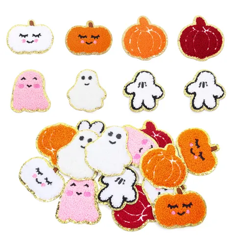Toppe Ricamate In Ciniglia Halloween Zucca Fantasma Bordo Dorato Applicazioni Termoadesive Per Vestiti Borse Cappelli Accessori Fai Da Te