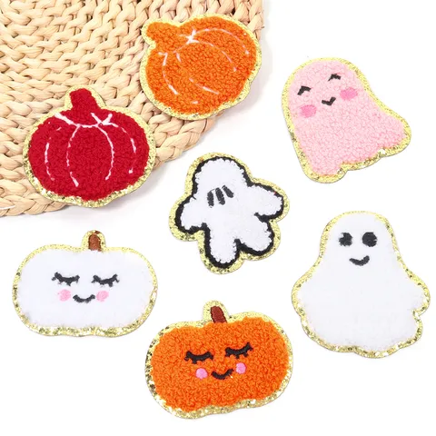 Toppe Ricamate In Ciniglia Halloween Zucca Fantasma Bordo Dorato Applicazioni Termoadesive Per Vestiti Borse Cappelli Accessori Fai Da Te