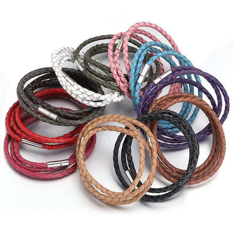 Cordino in Vera Pelle Intrecciata a Mano Bracciale Triplo Giro Moda Fai-da-te Corda in Pelle Con Chiusura in Metallo