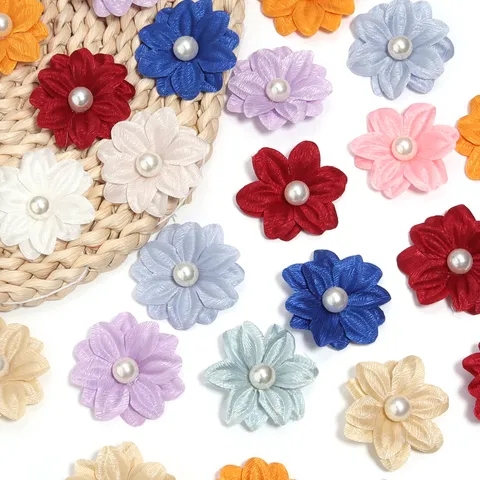 Polyester Double Layered Artificial Pearl Floral Applique For DIY Handmade Clothing Hair Accessories Bag Decoration Flower Trims