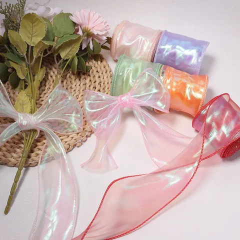 Iridescent Wavy Fishtail Yarn Ribbon Sheer Translucent Glitter Organza Tape For Gift Wrapping Flower Bouquet Birthday Party Craft Decor