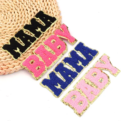 Chenille Letter Patches Gold Glitter Edge Mama Baby Iron On Patches For Clothing Shoes Bags DIY Craft Party Decoration