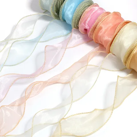 Cinta de Hilo de Cola de Pez Ondulada con Borde Dorado Organza para Embalaje de Ramos Pasteles DIY Accesorios Pelo Costura