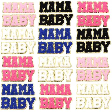 Chenille Letter Patches Gold Glitter Edge Mama Baby Iron On Patches For Clothing Shoes Bags DIY Craft Party Decoration