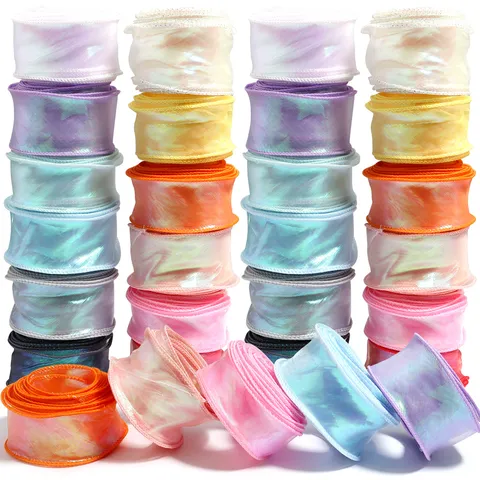 Iridescent Wavy Fishtail Yarn Ribbon Sheer Translucent Glitter Organza Tape For Gift Wrapping Flower Bouquet Birthday Party Craft Decor