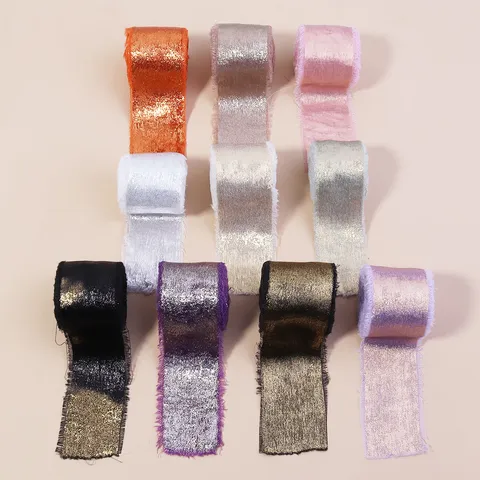 Handmade Gold Stamped Frayed Edge Flocked Ribbon For Wedding Bouquet Invitation Gift Wrapping DIY Crafts Ribbons Decorative Trim
