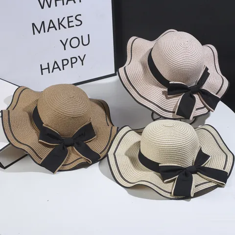 Women Straw Hat Summer Beach Sun Hat Wide Brim Wave Edge Bowknot Elegant Vacation Female Sun Protection Hat