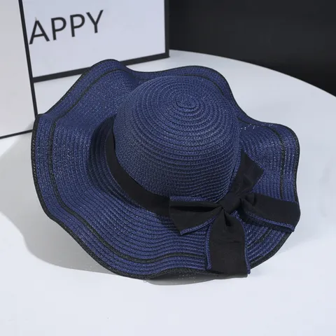 Women Straw Hat Summer Beach Sun Hat Wide Brim Wave Edge Bowknot Elegant Vacation Female Sun Protection Hat