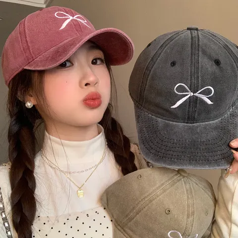 Casquette de Baseball Vintage Délavée pour Femmes avec Broderie Nœud Coton Large Bord Chapeau de Soleil Décontracté