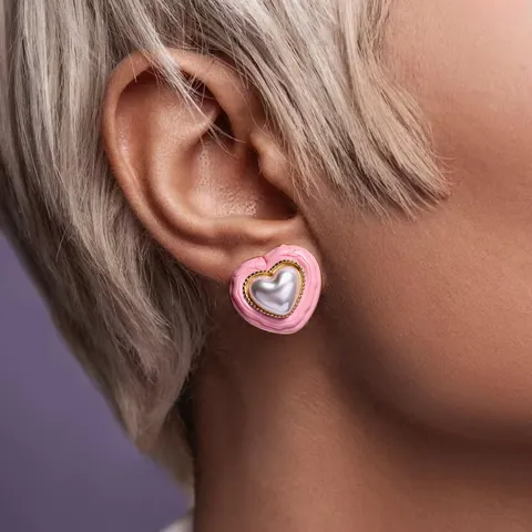 Orecchini a Bottone a Cuore in Acciaio Inossidabile 304 alla Moda Blocchi di Colore Smalto Contrasto Perla Artificiale Oro Placcato Orecchini Gioielli Vintage per Donna Regalo