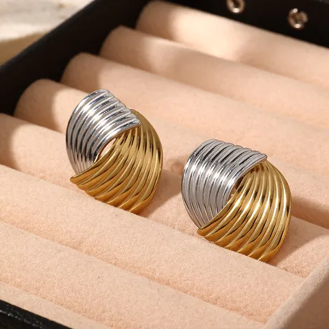 Modern 304 Stainless Steel Two-Tone Spiral Stripe Stud Earrings For Women Minimalist Luxury Rotating Geometric Fashion Jewelry