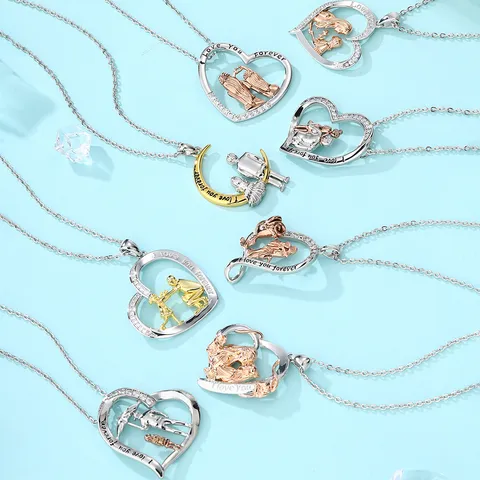 Collana con Ciondolo Famiglia in Acciaio Inossidabile Strass Cuore Luna Rosa Catena per Uomo Donna Unisex Gioielli Regalo Festa