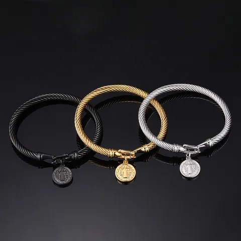 Minimalista Bracciale Rigido Cavo in Acciaio Inossidabile Per Uomo Donna Vintage San Benito Medaglia Ciondolo Braccialetto Gancio Gioielli Mano