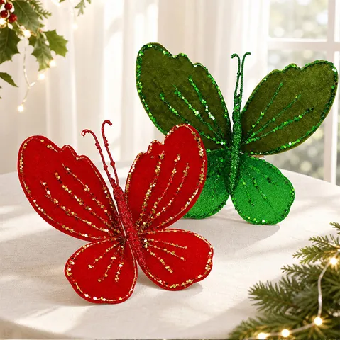 Glitter Christmas Butterfly Fabric Ornaments Xmas Tree Decoration Hanging Artificial Butterflies For Wreath Garland