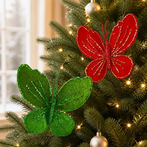 Glitter Christmas Butterfly Fabric Ornaments Xmas Tree Decoration Hanging Artificial Butterflies For Wreath Garland