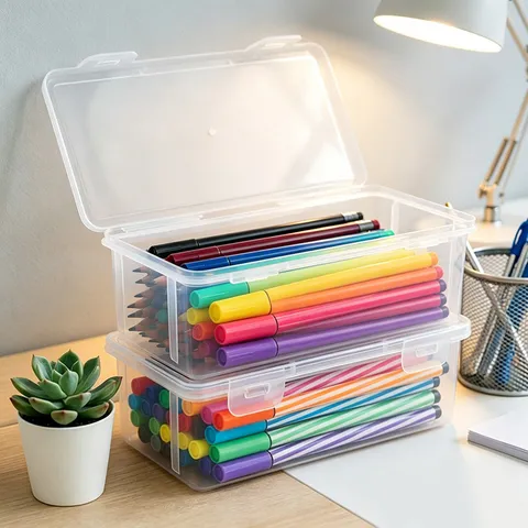 Caja de Almacenamiento de Papelería de Plástico Transparente Estuche para Lápices de Colores Crayones Bolígrafos de Dibujo Organizador de Escritorio con Tapa para Escuela Oficina Niños