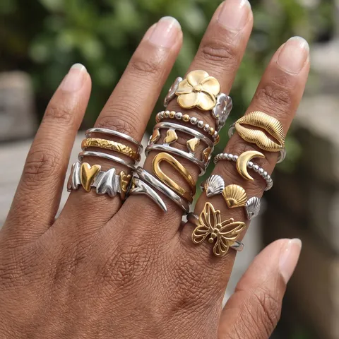 Nischen Edelstahl Offener Ring Damen Gold Silber Zweifarbig Blume Mond Herz Schmetterling Geometrisch Verstellbarer Fingerring Schmuck